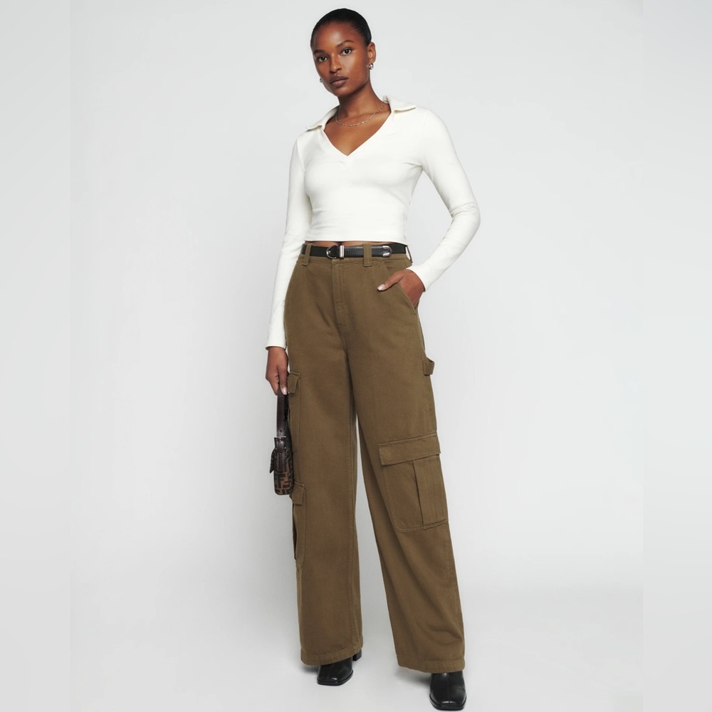 Reformation Landy Wide Leg Cargo Jeans in Dark Olive